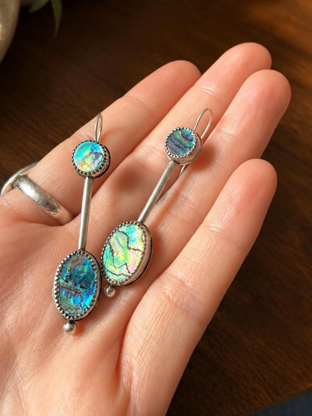 Sterling Silver Abalone Drop Earrings - Iridescent Blue-Green